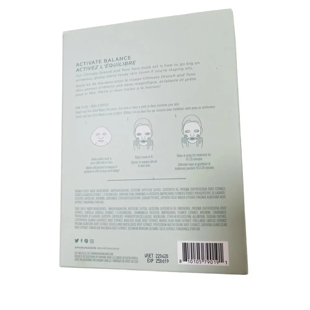 Karuna Drench & Tone Duo 4 Piece Sheet Mask Set Exp 6/25 Paraben Vegan